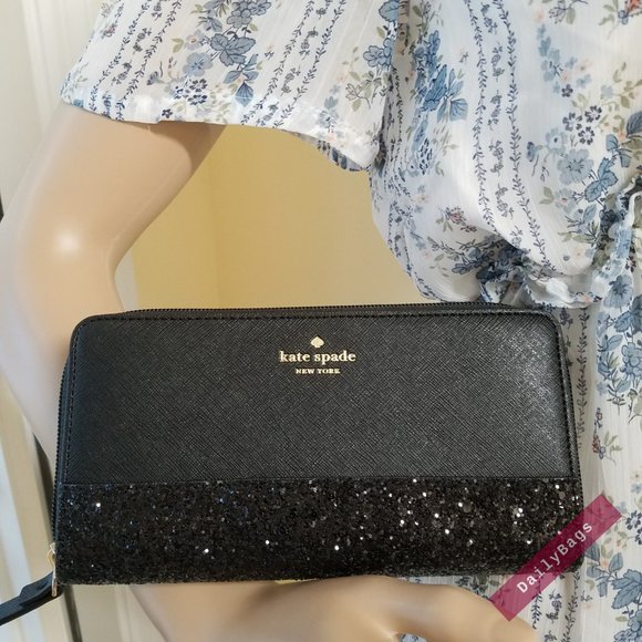 KATE SPADE NEDA GLITTER GRETA COURT BLACK WALLET